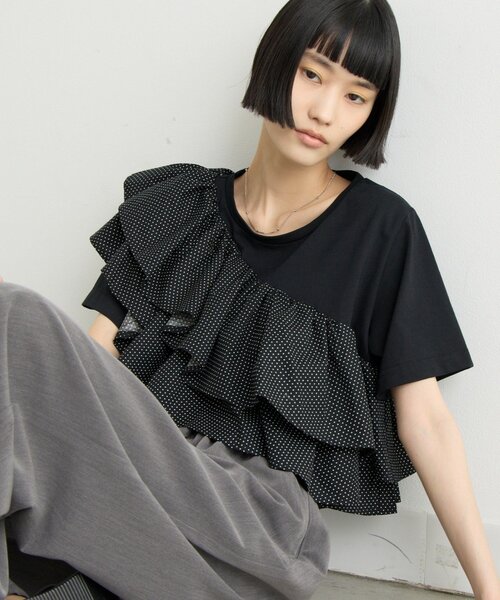 CIAOPANIC TYPY（チャオパニックティピー）の「ZOZO限定アシメフリルデザインカットソー（Tシャツ/カットソー・レディース・ホワイト/ブラック/ブラック系その他/ホワイト系その他・ONE SIZE）」の4枚目の写真