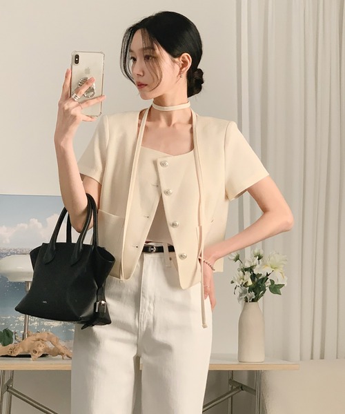 Girly Doll(ガーリードール)の「スクエアネック半袖サマージャケット チョーカータイ付き(その他アウター・レディース・ブルー/ネイビー/ベージュ・FREE)」の5枚目の写真