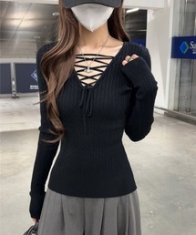 カシュクール リボン付き ケーブル編み タイトニットトップス