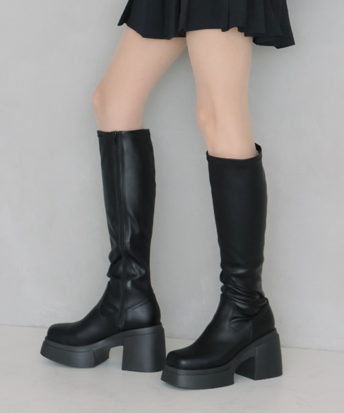 VIVIAN（ヴィヴィアン）の「厚底チャンキーヒールストレッチロングブーツ（ブーツ・レディース・ブラック系その他3/ブラック系その他2・S/L/M）」の6枚目の写真