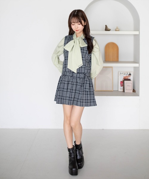 clear（クリア）の「ウエストベルト付きチェック柄ミニワンピース［骨格ウェーブ／韓国ガーリー／フェミニン］（ワンピース・レディース・ブラウン/ボルドー/ブルーグレー・F）」の6枚目の写真