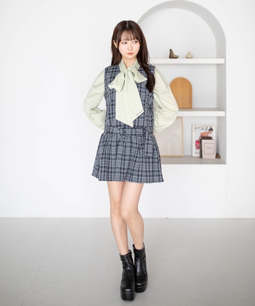 clear（クリア）の「ウエストベルト付きチェック柄ミニワンピース［骨格ウェーブ／韓国ガーリー／フェミニン］（ワンピース・レディース・ブラウン/ボルドー/ブルーグレー・F）」の8枚目の写真