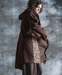 mj11989-Wool-Blend Flannel × Leopard Side-Panel Hoodie Coat フーディーコート(212-050-gla-cg)