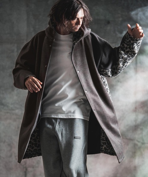 GLIMCLAP(グリムクラップ)の「mj11989-Wool-Blend Flannel × Leopard Side-Panel Hoodie Coat フーディーコート(212-050-gla-cg)(その他アウター・メンズ・グレイッシュベージュ/チャコールグレー/ブラック/ブラウン・L/M/S)」の2枚目の写真
