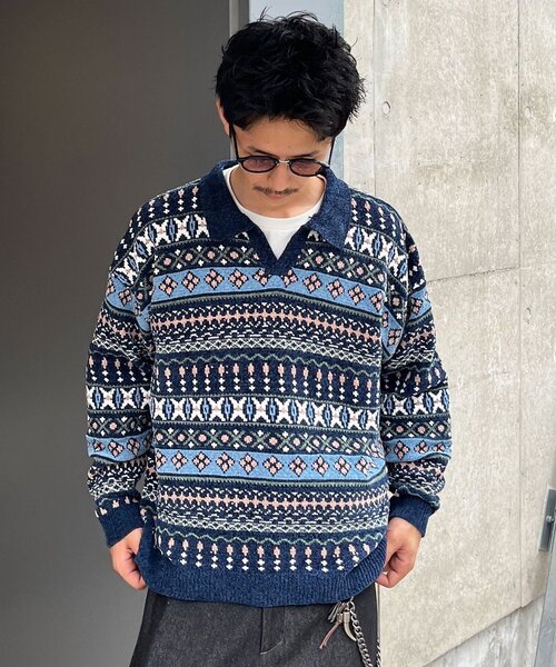 CIAOPANIC(チャオパニック)の「フェアアイルモールニットスキッパーポロ(ニット/セーター・メンズ・ネイビー/ブラウン・MEDIUM/LARGE)」の2枚目の写真