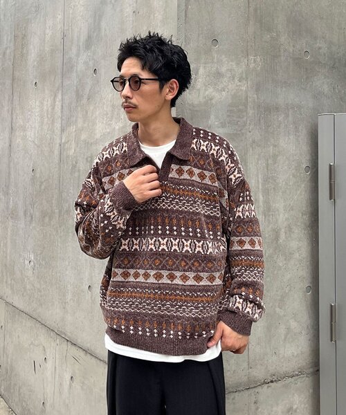 CIAOPANIC(チャオパニック)の「フェアアイルモールニットスキッパーポロ(ニット/セーター・メンズ・ネイビー/ブラウン・MEDIUM/LARGE)」の9枚目の写真