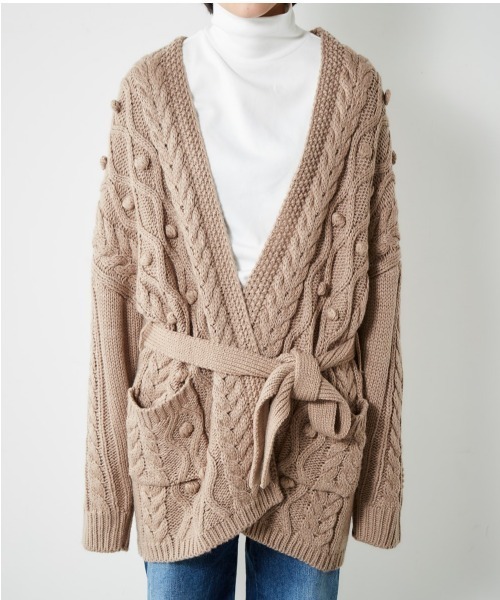 cepo（セポ）の「ポンポンケーブルラップカーデ（カーディガン/ボレロ・レディース・オフホワイト/モカ・M）」の12枚目の写真