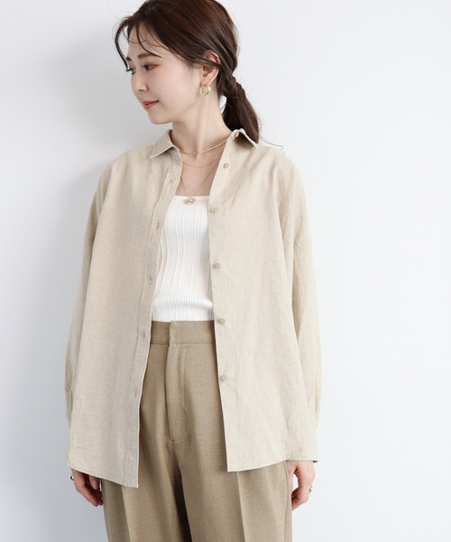 AMERICAN HOLIC（アメリカンホリック）の「リネンブレンドオーバーシャツ（シャツ/ブラウス・レディース・ベージュ/オフホワイト/サックスブルー/ネイビー/イエロー/ストライプ・MEDIUM/LARGE）」の3枚目の写真