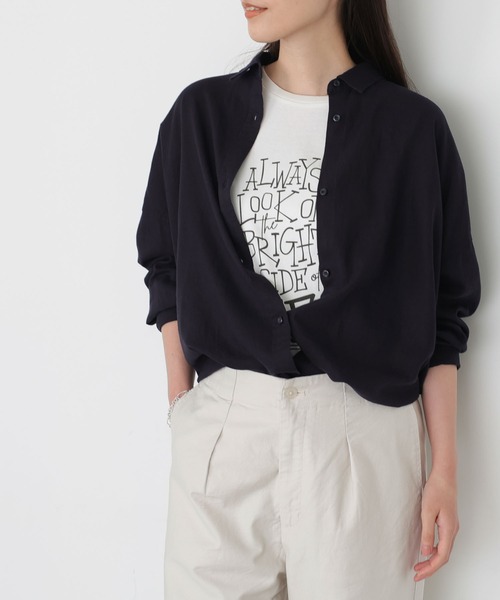 AMERICAN HOLIC（アメリカンホリック）の「リネンブレンドオーバーシャツ（シャツ/ブラウス・レディース・ベージュ/オフホワイト/サックスブルー/ネイビー/イエロー/ストライプ・MEDIUM/LARGE）」の4枚目の写真