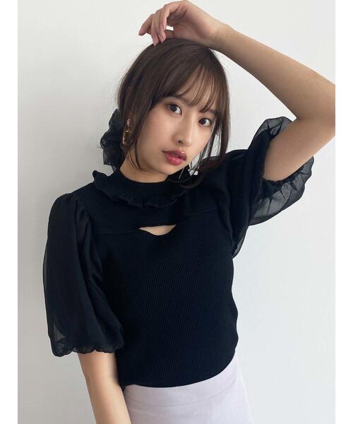 Honey Salon（ハニーサロン）の「【菜々プロデュース】シアーボリュームスリーブトップス（Tシャツ/カットソー・レディース・ブラック/オフホワイト/ピンク・FREE）」の5枚目の写真