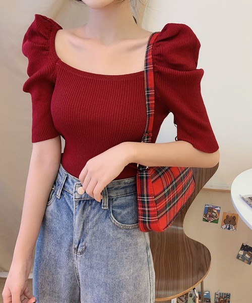 yuue' ( wear )(ユーイ)の「パワショルラウンドスクエアネック五分丈サマーニット(ニット/セーター・レディース・ホワイト/ブラック/レッド・FREE)」の3枚目の写真