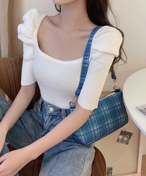 yuue' ( wear )(ユーイ)の「パワショルラウンドスクエアネック五分丈サマーニット(ニット/セーター・レディース・ホワイト/ブラック/レッド・FREE)」の2枚目の写真