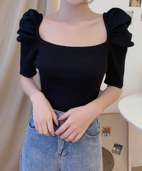 yuue' ( wear )(ユーイ)の「パワショルラウンドスクエアネック五分丈サマーニット(ニット/セーター・レディース・ホワイト/ブラック/レッド・FREE)」の1枚目の写真