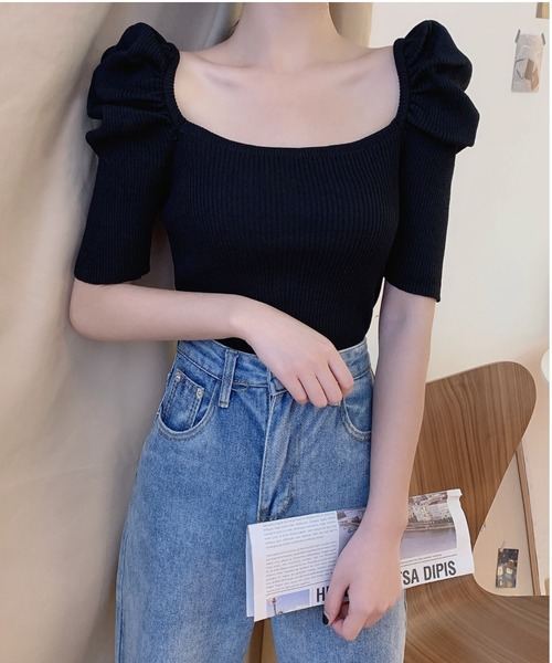 yuue' ( wear )(ユーイ)の「パワショルラウンドスクエアネック五分丈サマーニット(ニット/セーター・レディース・ホワイト/ブラック/レッド・FREE)」の4枚目の写真