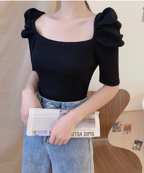 yuue' ( wear )(ユーイ)の「パワショルラウンドスクエアネック五分丈サマーニット(ニット/セーター・レディース・ホワイト/ブラック/レッド・FREE)」の5枚目の写真