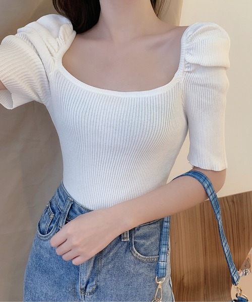 yuue' ( wear )(ユーイ)の「パワショルラウンドスクエアネック五分丈サマーニット(ニット/セーター・レディース・ホワイト/ブラック/レッド・FREE)」の7枚目の写真