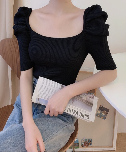 yuue' ( wear )(ユーイ)の「パワショルラウンドスクエアネック五分丈サマーニット(ニット/セーター・レディース・ホワイト/ブラック/レッド・FREE)」の6枚目の写真