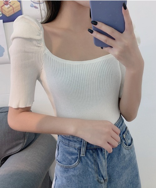 yuue' ( wear )(ユーイ)の「パワショルラウンドスクエアネック五分丈サマーニット(ニット/セーター・レディース・ホワイト/ブラック/レッド・FREE)」の8枚目の写真