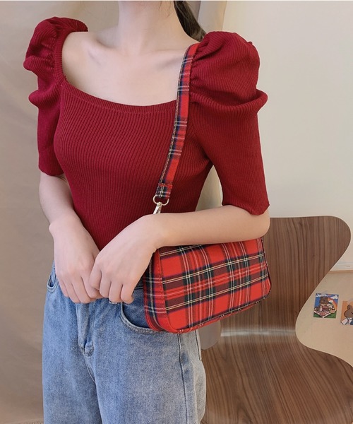 yuue' ( wear )(ユーイ)の「パワショルラウンドスクエアネック五分丈サマーニット(ニット/セーター・レディース・ホワイト/ブラック/レッド・FREE)」の10枚目の写真