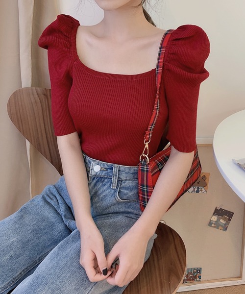yuue' ( wear )(ユーイ)の「パワショルラウンドスクエアネック五分丈サマーニット(ニット/セーター・レディース・ホワイト/ブラック/レッド・FREE)」の11枚目の写真