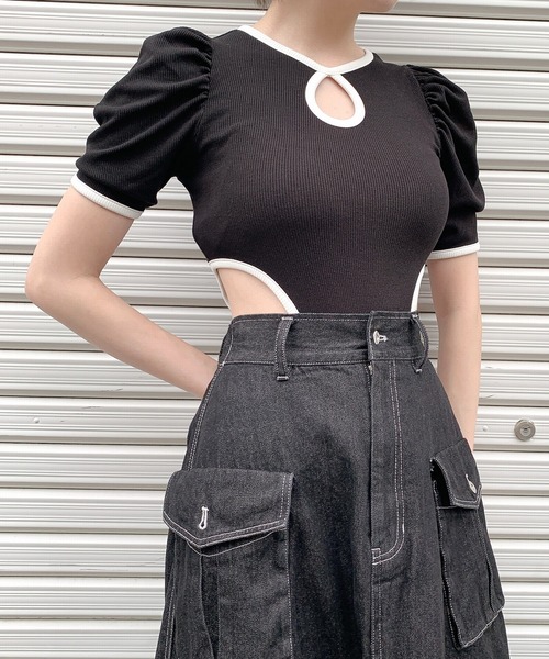 lilLilly（リルリリー）の「レオタードリブトップス（Tシャツ/カットソー・レディース・ホワイト/ブラック×ホワイト/ブラック×ブラック/ミント/ブルー/ピンク・FREE）」の2枚目の写真