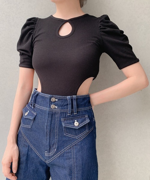 lilLilly（リルリリー）の「レオタードリブトップス（Tシャツ/カットソー・レディース・ホワイト/ブラック×ホワイト/ブラック×ブラック/ミント/ブルー/ピンク・FREE）」の3枚目の写真