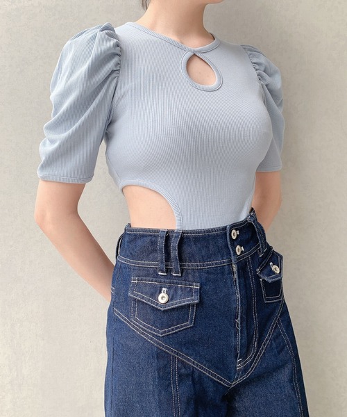 lilLilly（リルリリー）の「レオタードリブトップス（Tシャツ/カットソー・レディース・ホワイト/ブラック×ホワイト/ブラック×ブラック/ミント/ブルー/ピンク・FREE）」の5枚目の写真