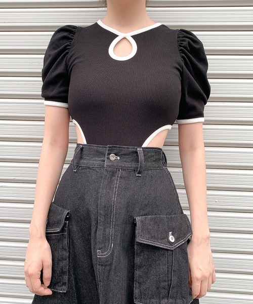 lilLilly（リルリリー）の「レオタードリブトップス（Tシャツ/カットソー・レディース・ホワイト/ブラック×ホワイト/ブラック×ブラック/ミント/ブルー/ピンク・FREE）」の7枚目の写真