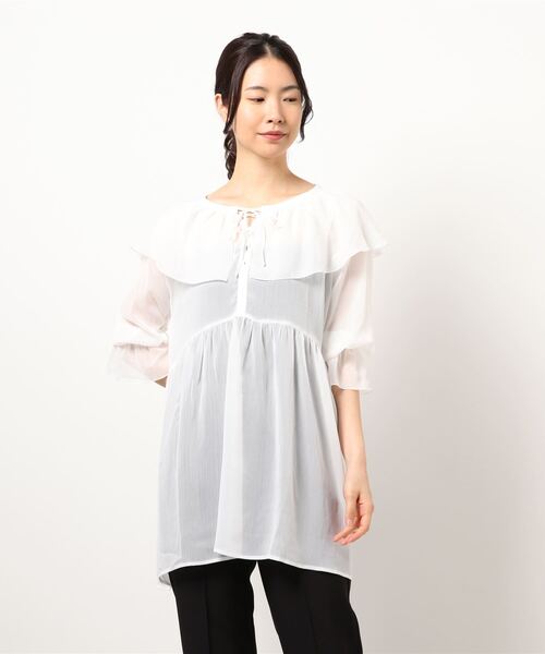 earth music&ecology（アースミュージックアンドエコロジー）の「前後2wayフリルカラーレースアップチュニック ＊（シャツ/ブラウス・レディース・サックスブルー系1/その他14/ブラック系その他/アイボリー・FREE）」の8枚目の写真