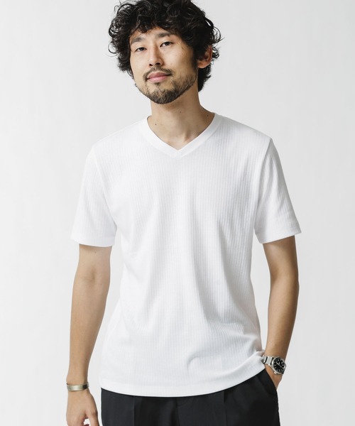 NANO universe（ナノユニバース）の「針抜きリブVネックTシャツ（Tシャツ/カットソー・メンズ・ブラック/カーキ/ホワイト/ネイビー・S/M/XL/L）」の2枚目の写真