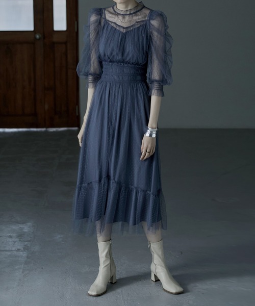 etoll.（エトル）の「ドットチュール レイヤードドレスワンピース 結婚式（ドレス・レディース・ブラック/モカ/ダークカーキ/グレイッシュブルー・M）」の20枚目の写真