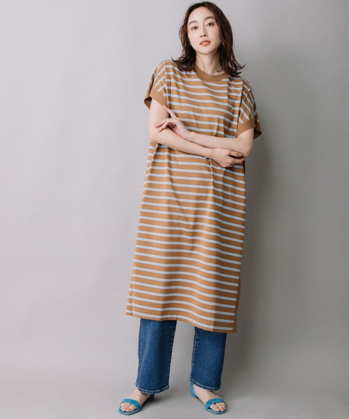 Munich（ミューニック）の「コットンボーダースリーブレスロングトップス（Tシャツ/カットソー・レディース・ホワイト/ネイビー/キャメル・FREE）」の4枚目の写真