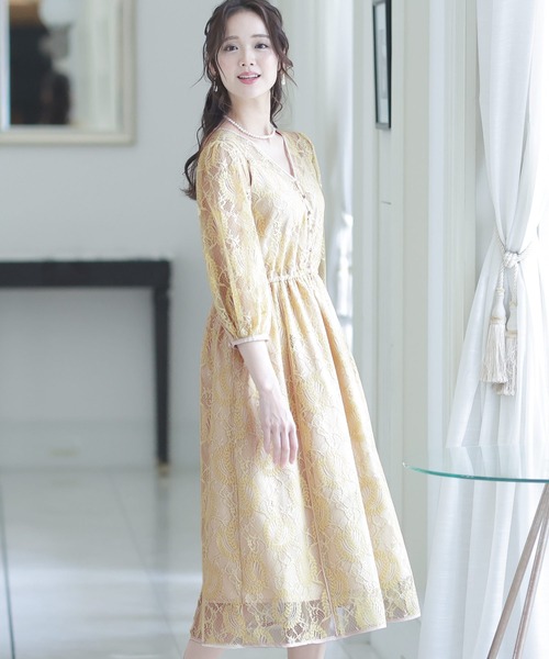 PourVous(プールヴー)の「ミモレ丈&袖あり フォーマル パイピング 大きいサイズ 結婚式 パーティー ドレス オケージョンドレス お呼ばれ 二次会 成人式 (ドレス・レディース・ブラック/イエロー/ブルー/ローズ・L/M)」の4枚目の写真
