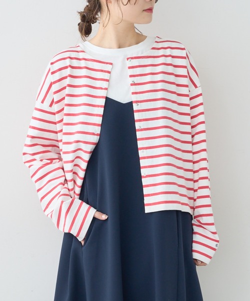PUAL CE CIN（ピュアルセシン）の「【WEB限定】ボーダー2WAYショートロングスリーブ（Tシャツ/カットソー・レディース・チャコールグレー/ブルーグレー/ベージュ/レッド・FREE）」の1枚目の写真