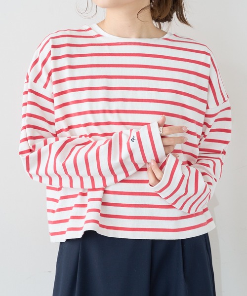 PUAL CE CIN（ピュアルセシン）の「【WEB限定】ボーダー2WAYショートロングスリーブ（Tシャツ/カットソー・レディース・チャコールグレー/ブルーグレー/ベージュ/レッド・FREE）」の11枚目の写真