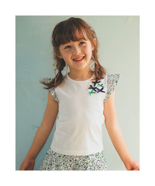 BeBe(ベベ)の「BeBe/カバリエレ・アズーロポピーフラワープリントリボンTシャツ(90~150cm)(Tシャツ/カットソー・キッズ・ホワイト・120/150/100/130/110/140/90)」の1枚目の写真
