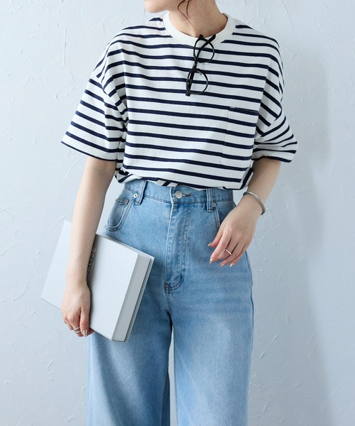 Fizz(フィズ)の「【Fizz/フィズ】 サイドスリット ポケット付きコットンTシャツ(Tシャツ/カットソー・レディース・グレイッシュベージュ/アイボリー/ブラック/ブルー/ホワイト×ネイビー/ブラック×ホワイト・M)」の7枚目の写真