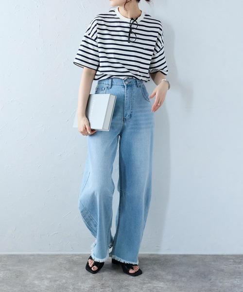 Fizz(フィズ)の「【Fizz/フィズ】 サイドスリット ポケット付きコットンTシャツ(Tシャツ/カットソー・レディース・グレイッシュベージュ/アイボリー/ブラック/ブルー/ホワイト×ネイビー/ブラック×ホワイト・M)」の16枚目の写真