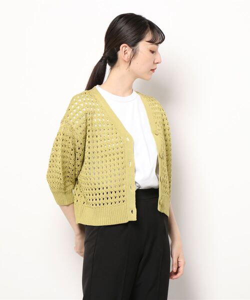 ehka sopo（エヘカソポ）の「透かし編みVネックカーディガン（カーディガン/ボレロ・レディース・ブラック/オフホワイト/ピンク/グリーン・ﾌﾘ-）」の9枚目の写真