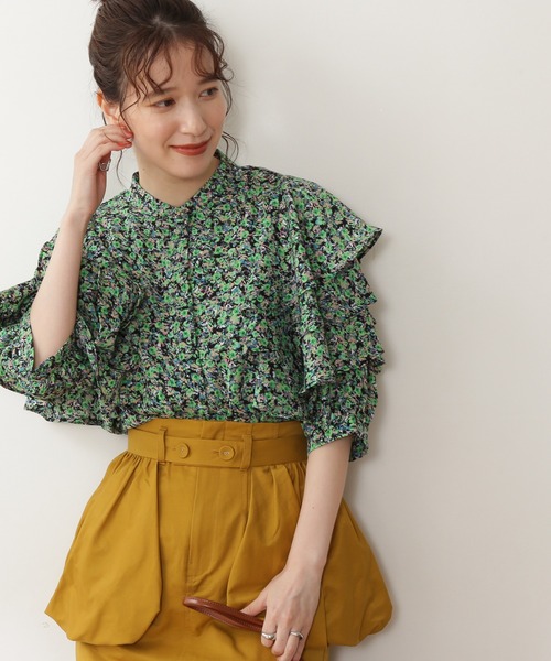 N.(N. Natural Beauty Basic)(エヌエヌナチュラルビューティーベーシック)の「《n.'look》◆ボリュームレイヤードワッフルブラウス(シャツ/ブラウス・レディース・グリーン/ストライプ/イエロー・MEDIUM)」の4枚目の写真