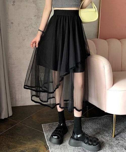 almo(アルモ)の「ベロアテープのイレヘムチュールスカート(BQ)(スカート・レディース・ブラック/アイボリー・MEDIUM)」の4枚目の写真
