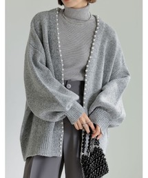 [新色追加][WINTER COLLECTION]パールデザインミドル丈ニットカーディガン