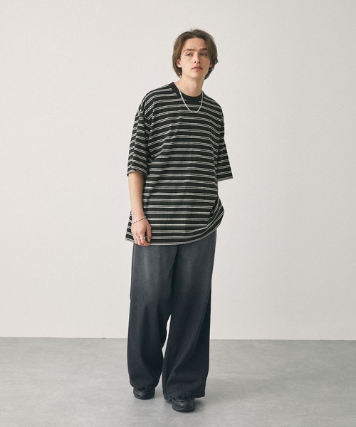 EMMA CLOTHES（エマクローズ）の「オーバーサイズ マルチボーダー ショートスリーブ Tシャツ EMMA CLOTHES（Tシャツ/カットソー・メンズ・グレイッシュブルー/ワイン系/ホワイト系/アイボリー/ブラック/ネイビー/イエロー/パープル/ダークネイビー・M/L）」の22枚目の写真