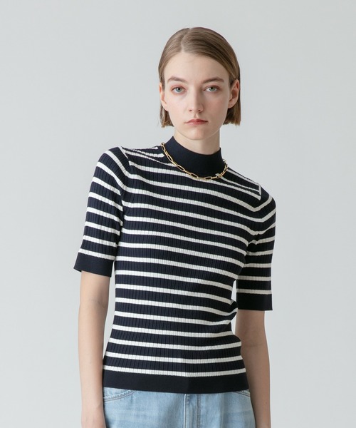 allureville（アルアバイル）の「7X3リブ5分袖モックネック プルオーバー（ニット/セーター・レディース・ピンク/ダークネイビー/アイボリー/ネイビー・2）」の4枚目の写真