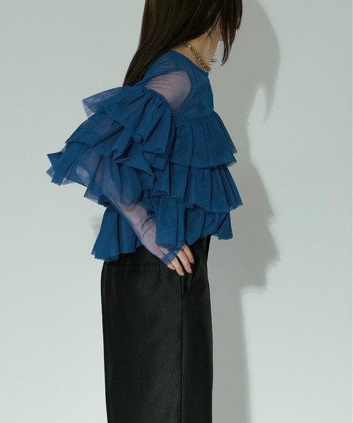 Ezick（エジック）の「Around frill tulle シアーブラウス（シャツ/ブラウス・レディース・オフホワイト/ブラック/モカ/ブルー・FREE）」の14枚目の写真