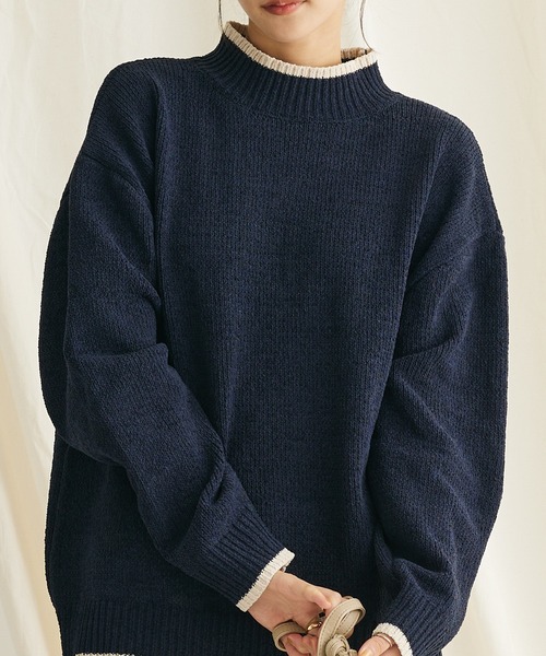 CRAFT STANDARD BOUTIQUE（クラフトスタンダードブティック）の「洗えるモールニット配色プルオーバー（ニット/セーター・レディース・パープル/ブラック/グレイッシュベージュ/マスタード/ブルー/ネイビー・FREE）」の3枚目の写真