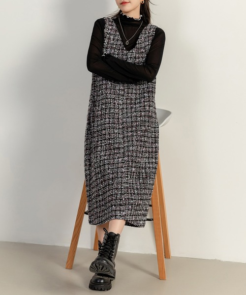 DAY CLOSET（デイ クローゼット）の「レディース ツイード風異素材MIXジャンスカ（ジャンパースカート・レディース・ブラック・FREE）」の5枚目の写真