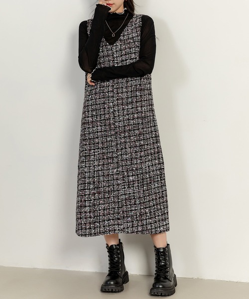 DAY CLOSET（デイ クローゼット）の「レディース ツイード風異素材MIXジャンスカ（ジャンパースカート・レディース・ブラック・FREE）」の6枚目の写真