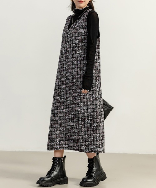 セール】レディース ツイード風異素材MIXジャンスカ（ジャンパー