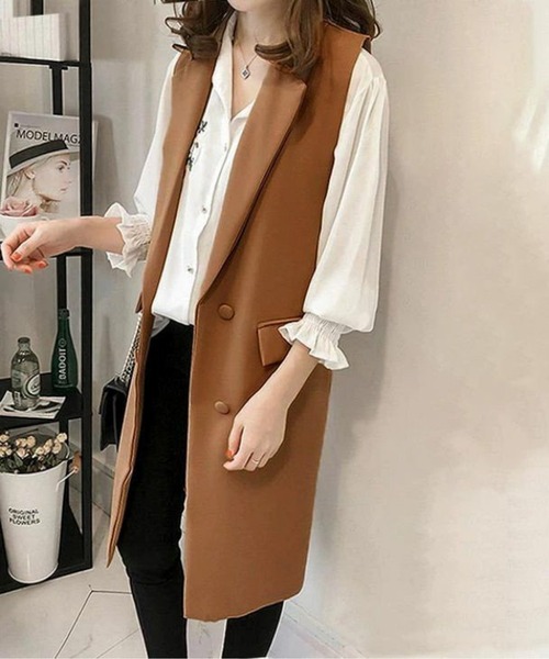 AMELY(エミリー)の「ロングジレベスト(ベスト・レディース・キャメル/カーキ/ブラック・M/L/XL)」の2枚目の写真